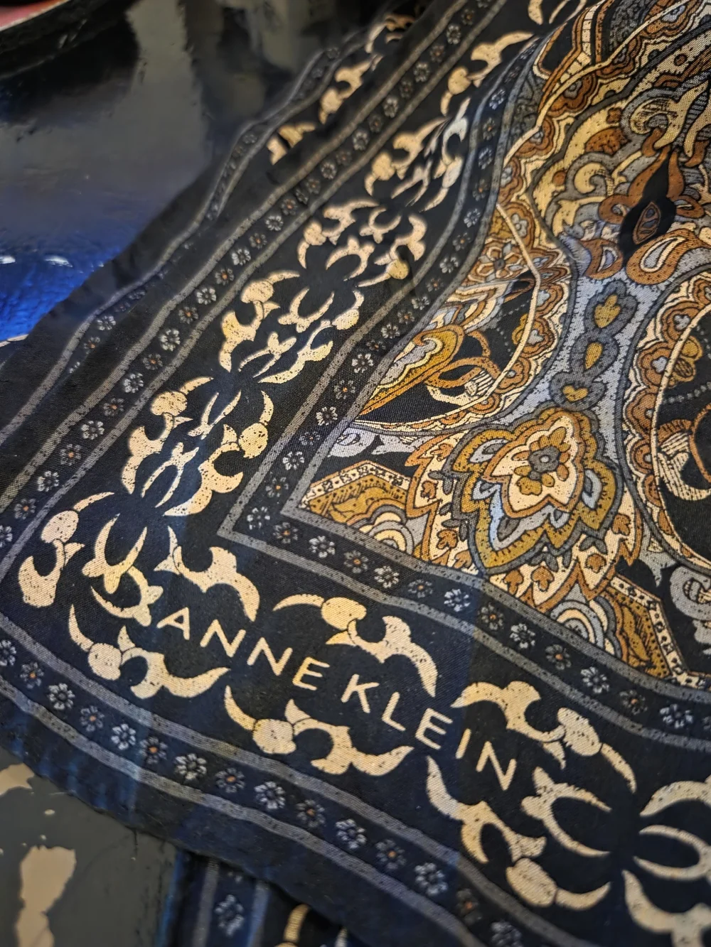 S125. Vintage Anne Klein Brown Paisley Scarf with Black Trim
